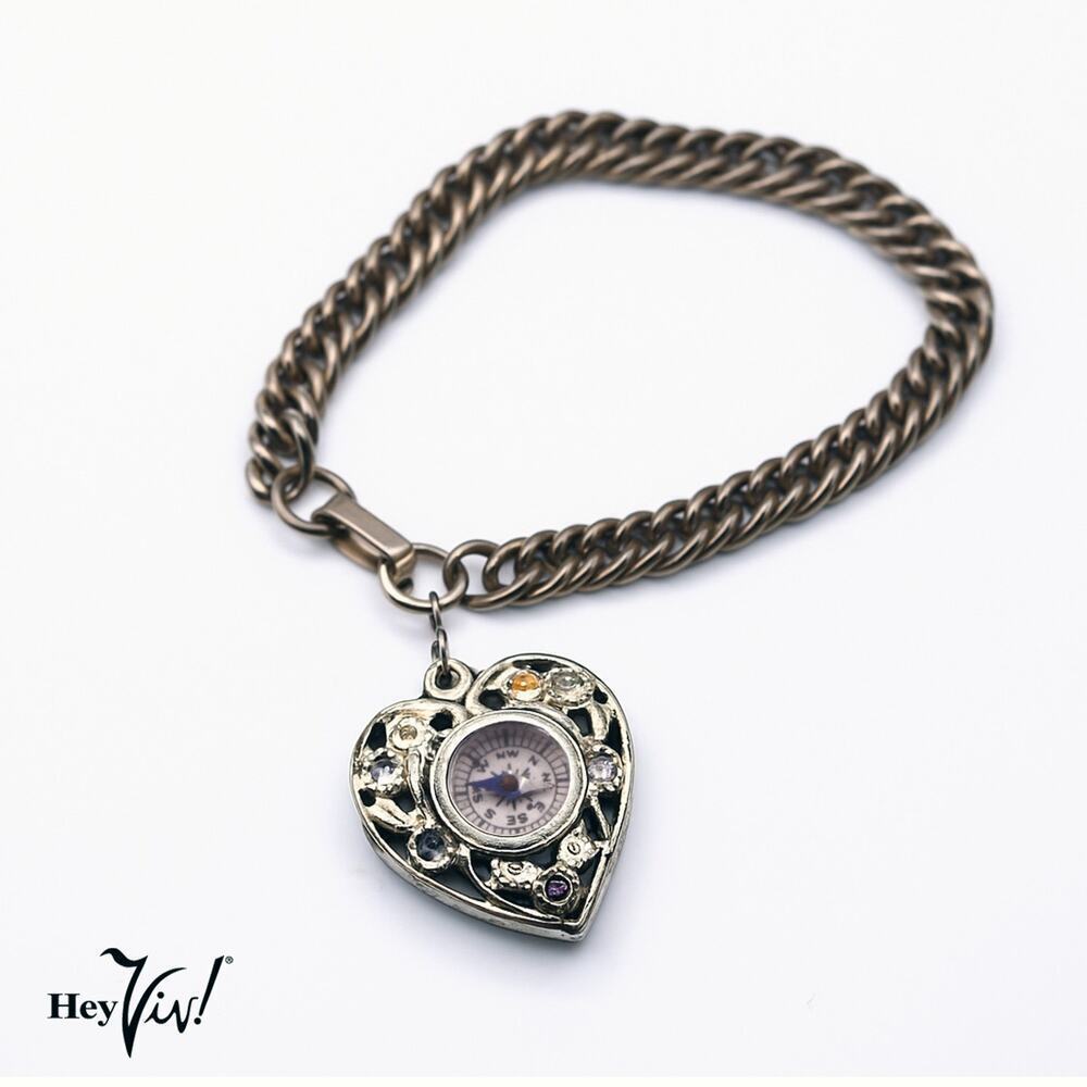 Vintage Heart Charm Bracelet w Working Compass Find Your True Love 7" - Hey Viv